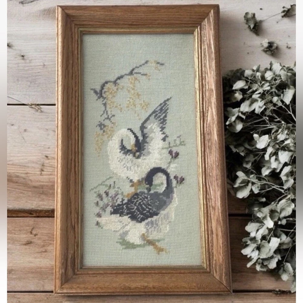 Geese Framed Under Glass Needlepoint Crafting Not Signed Vintage 1960-70's